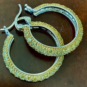 Sterling Silver 925 Hoops 1”Earrings with Pave Set Canary Yellow Cubic Zirconia